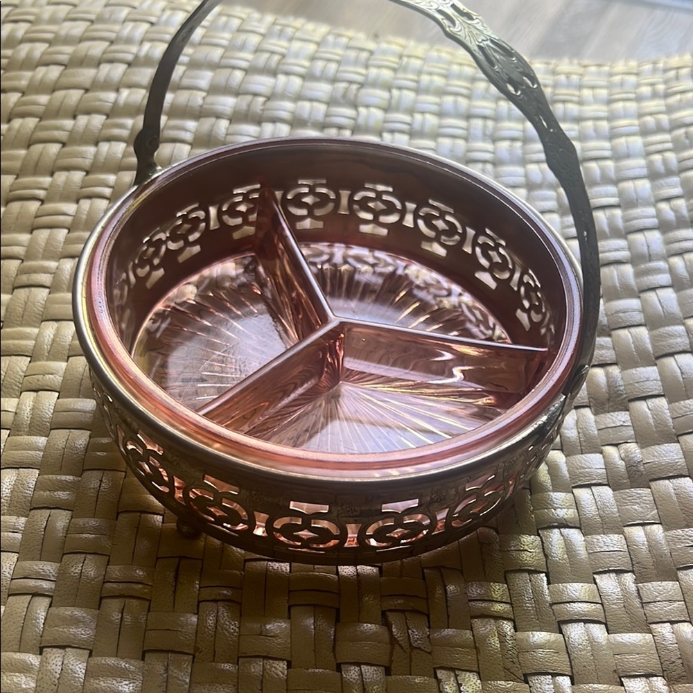 Vintage Pink Atlas Glass Bowl (3 compartments) with Silver Holder Dresset catche